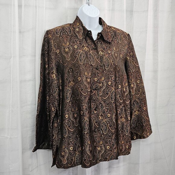 Vintage Drapers & Damons Blouse Brown Burgundy Jacquard Brocade Button-Down M - Picture 4 of 12